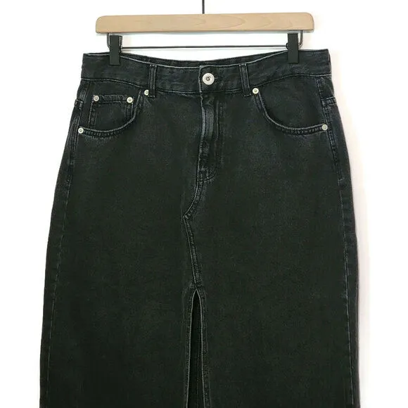 Pull &amp; Bear Black Front Middle Slit Raw Hem Long Midi Denim Skirt Size L