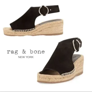 rag &amp; bone Calla Black Suede Wedge Espadrille Black Sandals Size EU 39 US 8