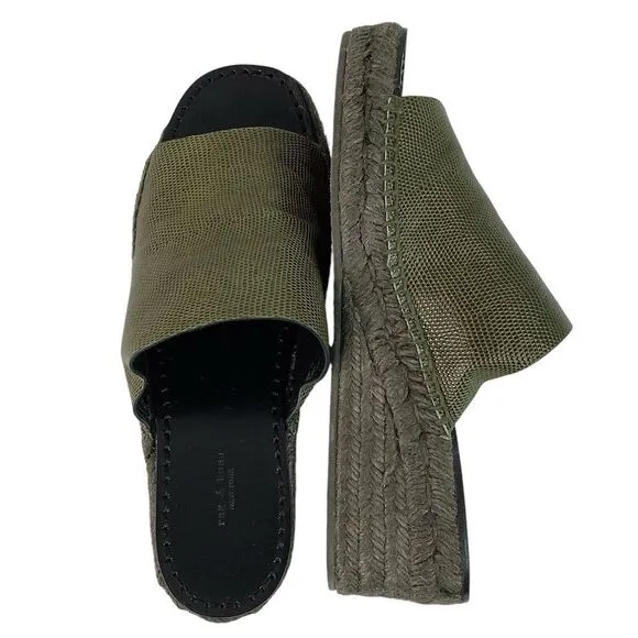 Rag &amp; Bone Viv Espadrille Safari Khaki Micro Croco Leather Mule Sandals Sz 8/38