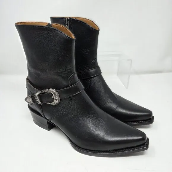 Ranch Road Scarlett Cowboy Boots Buckle Leather Women's 8 Black Handmade Spain