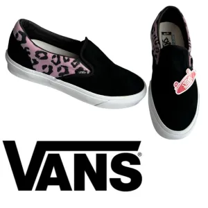 Rare Vans Animal Print Slip-on Shoes. Black suede body, velvet leopard print NIB
