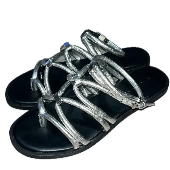 Rebecca Minkoff Silver Black-Sarle Strap Gladiator Flat Sandals-Size 7M