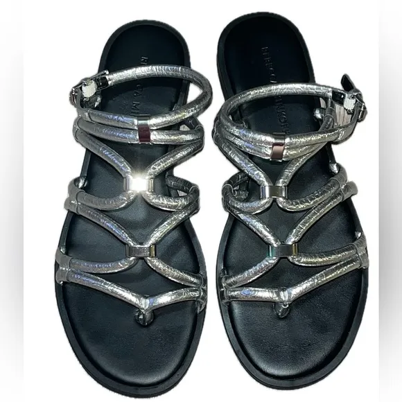Rebecca Minkoff Silver Black-Sarle Strap Gladiator Flat Sandals-Size 7M