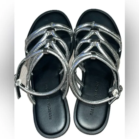 Rebecca Minkoff Silver Black-Sarle Strap Gladiator Flat Sandals-Size 7M
