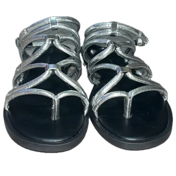 Rebecca Minkoff Silver Black-Sarle Strap Gladiator Flat Sandals-Size 7M