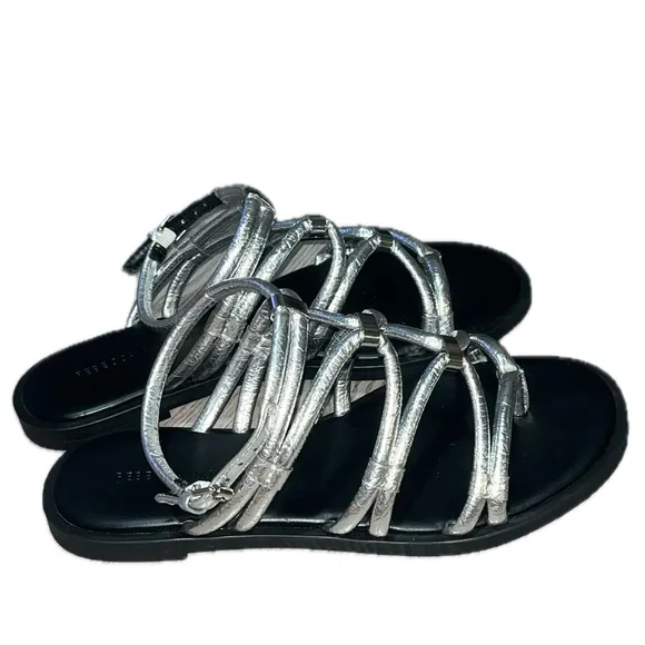 Rebecca Minkoff Silver Black-Sarle Strap Gladiator Flat Sandals-Size 7M