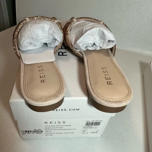 Reiss Eryn Suede Embellished Flat Nude Sandals casual classic stylish  chic