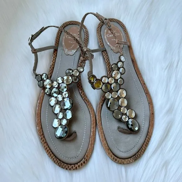 RENE CAOVILLA Women's Brown Python Crystal Thong Strap Flat Sandals Size 39
