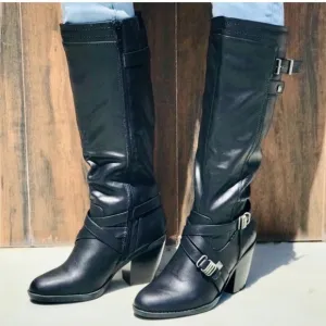 Rialto Claudette Knee High comfort Boots black size 8 block heel buckles