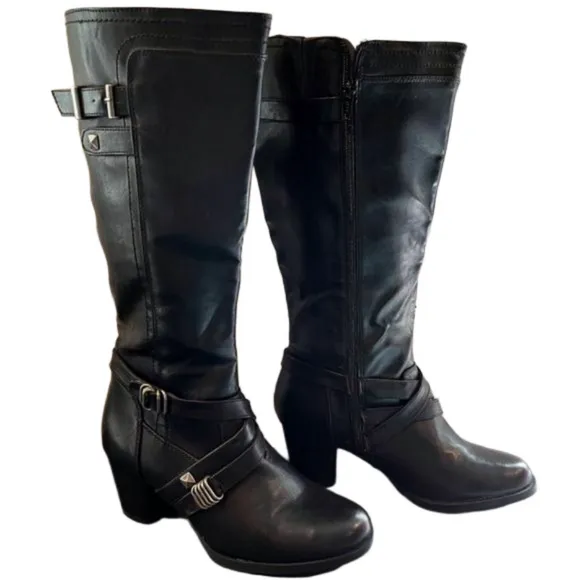 Rialto Claudette Knee High comfort Boots black size 8 block heel buckles
