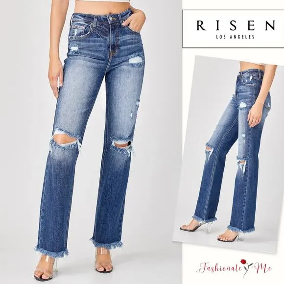 Risen High Waist Raw Hem Distressed Straight Washed Denim Jeans | Deep Blue