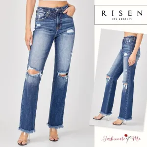 Risen High Waist Raw Hem Distressed Straight Washed Denim Jeans | Deep Blue