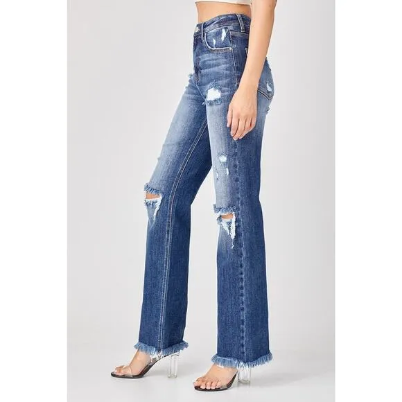 Risen High Waist Raw Hem Distressed Straight Washed Denim Jeans | Deep Blue