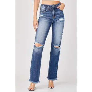 Risen Raw Hem Distressed Straight Jeans