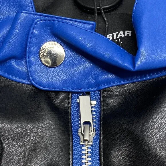 Rockstar Original Men's Balint Leather Moto Jacket – Size L – Black/Blue – Full