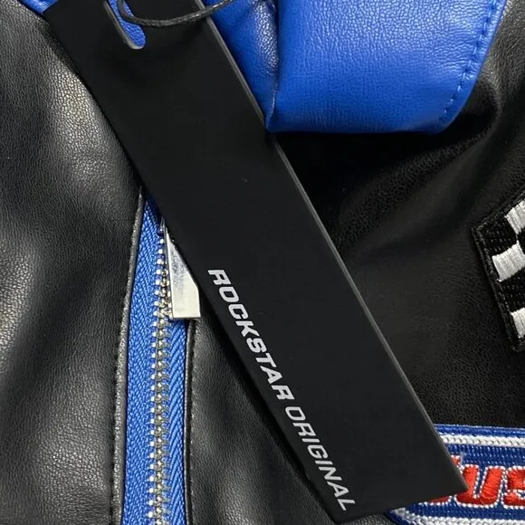 Rockstar Original Men's Balint Leather Moto Jacket – Size L – Black/Blue – Full