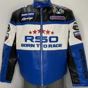 Rockstar Original Men's Balint Leather Moto Jacket – Size L – Black/Blue – Full