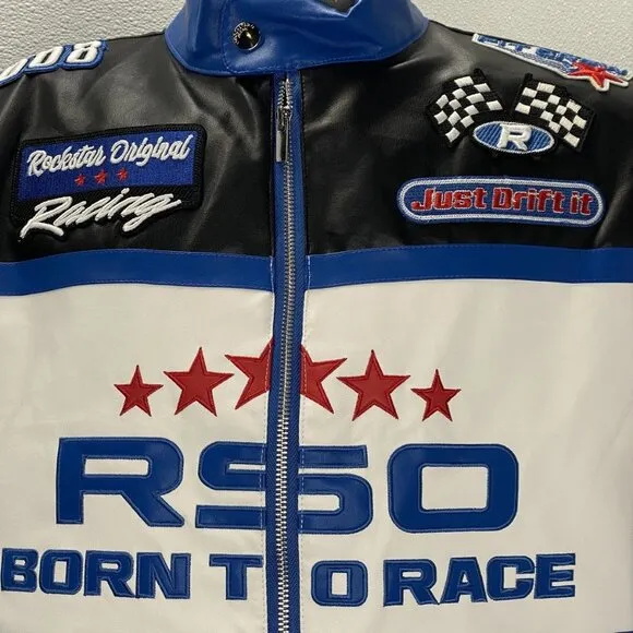 Rockstar Original Men's Balint Leather Moto Jacket – Size L – Black/Blue – Full