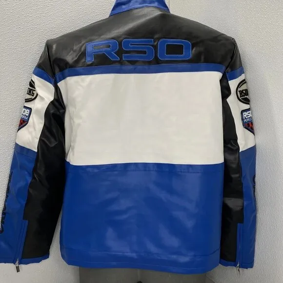 Rockstar Original Men's Balint Leather Moto Jacket – Size L – Black/Blue – Full