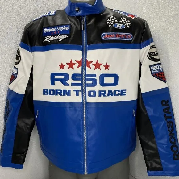 Rockstar Original Men's Balint Leather Moto Jacket – Size L – Black/Blue – Full