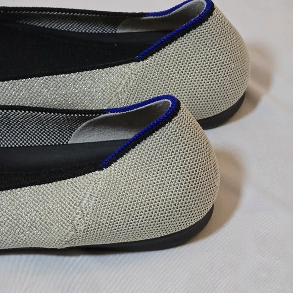 Rothy's Metallic Silver Shimmer Round Toe Flats Black Bow Comfort Work, sz 10
