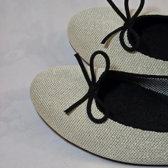 Rothy's Metallic Silver Shimmer Round Toe Flats Black Bow Comfort Work, sz 10