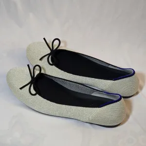 Rothy's Metallic Silver Shimmer Round Toe Flats Black Bow Comfort Work, sz 10