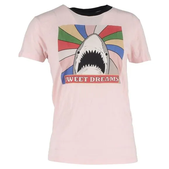 Saint Lauren Shark Print T-Shirt in Pink Cotton