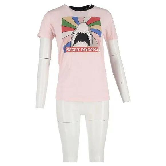 Saint Lauren Shark Print T-Shirt in Pink Cotton