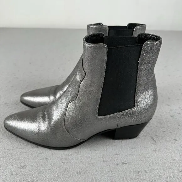 Saint Laurent Paris Silver Glitter Chelsea Heel Ankle Boots 40.5 EU