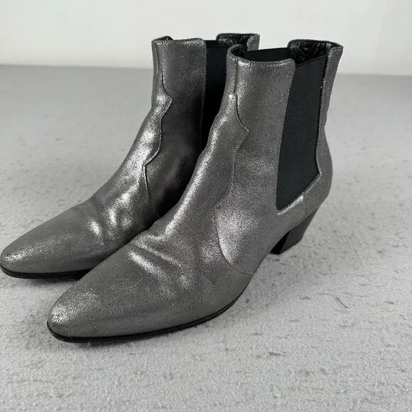 Saint Laurent Paris Silver Glitter Chelsea Heel Ankle Boots 40.5 EU