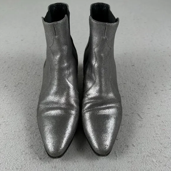 Saint Laurent Paris Silver Glitter Chelsea Heel Ankle Boots 40.5 EU