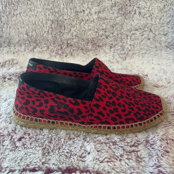 Saint Laurent Red Leopard Print Espadrilles with Embroidered Accents