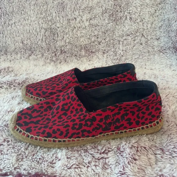 Saint Laurent Red Leopard Print Espadrilles with Embroidered Accents