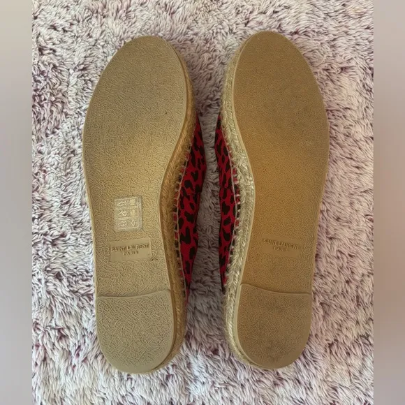 Saint Laurent Red Leopard Print Espadrilles with Embroidered Accents