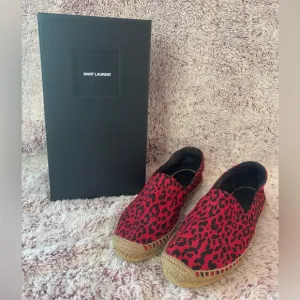 Saint Laurent Red Leopard Print Espadrilles with Embroidered Accents