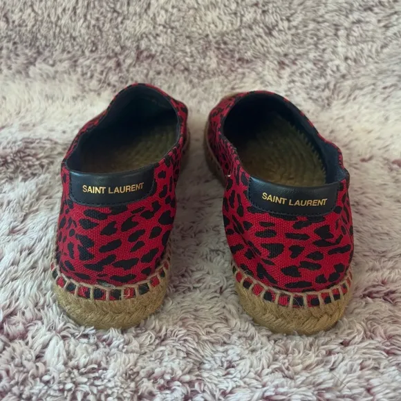 Saint Laurent Red Leopard Print Espadrilles with Embroidered Accents