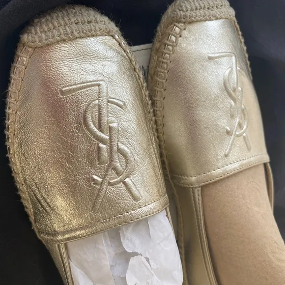 Saint Laurent YSL Metallic Gold Logo Espadrilles Flats 36/6