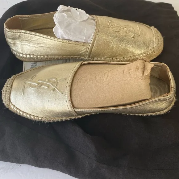 Saint Laurent YSL Metallic Gold Logo Espadrilles Flats 36/6