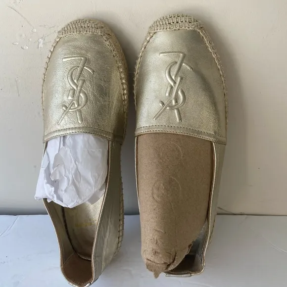 Saint Laurent YSL Metallic Gold Logo Espadrilles Flats 36/6