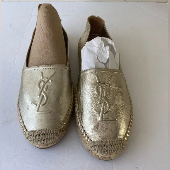 Saint Laurent YSL Metallic Gold Logo Espadrilles Flats 36/6