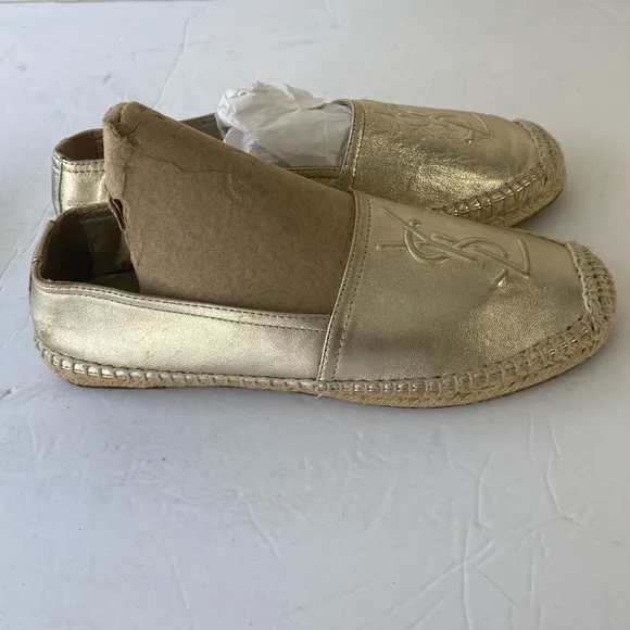 Saint Laurent YSL Metallic Gold Logo Espadrilles Flats 36/6