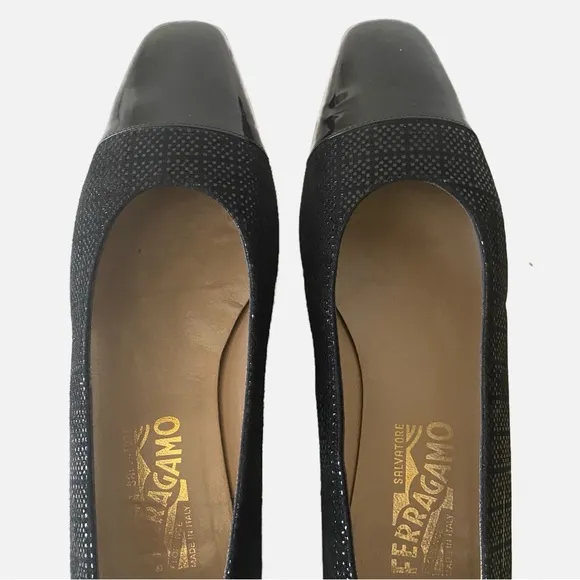 Salvatore Ferragamo, Black Leather Patterned Flats Made in Italy