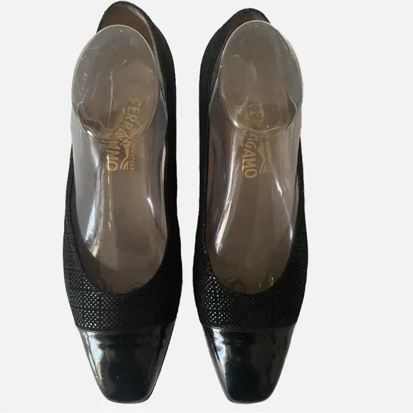 Salvatore Ferragamo, Black Leather Patterned Flats Made in Italy