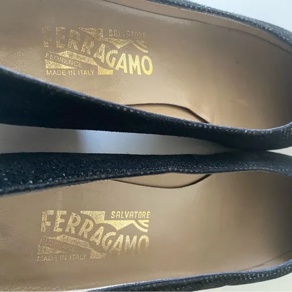 Salvatore Ferragamo, Black Leather Patterned Flats Made in Italy