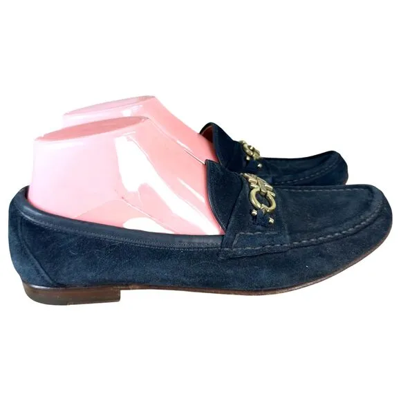 Salvatore Ferragamo Navy Blue Suede Leather Gold Horsebit Loafers Women's 8 B