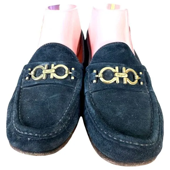 Salvatore Ferragamo Navy Blue Suede Leather Gold Horsebit Loafers Women's 8 B