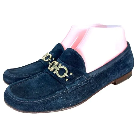 Salvatore Ferragamo Navy Blue Suede Leather Gold Horsebit Loafers Women's 8 B
