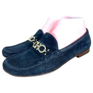 Salvatore Ferragamo Navy Blue Suede Leather Gold Horsebit Loafers Women's 8 B