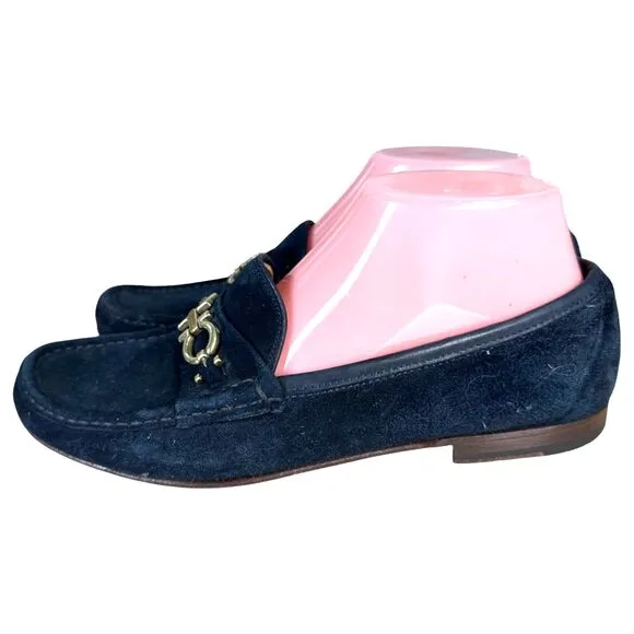 Salvatore Ferragamo Navy Blue Suede Leather Gold Horsebit Loafers Women's 8 B